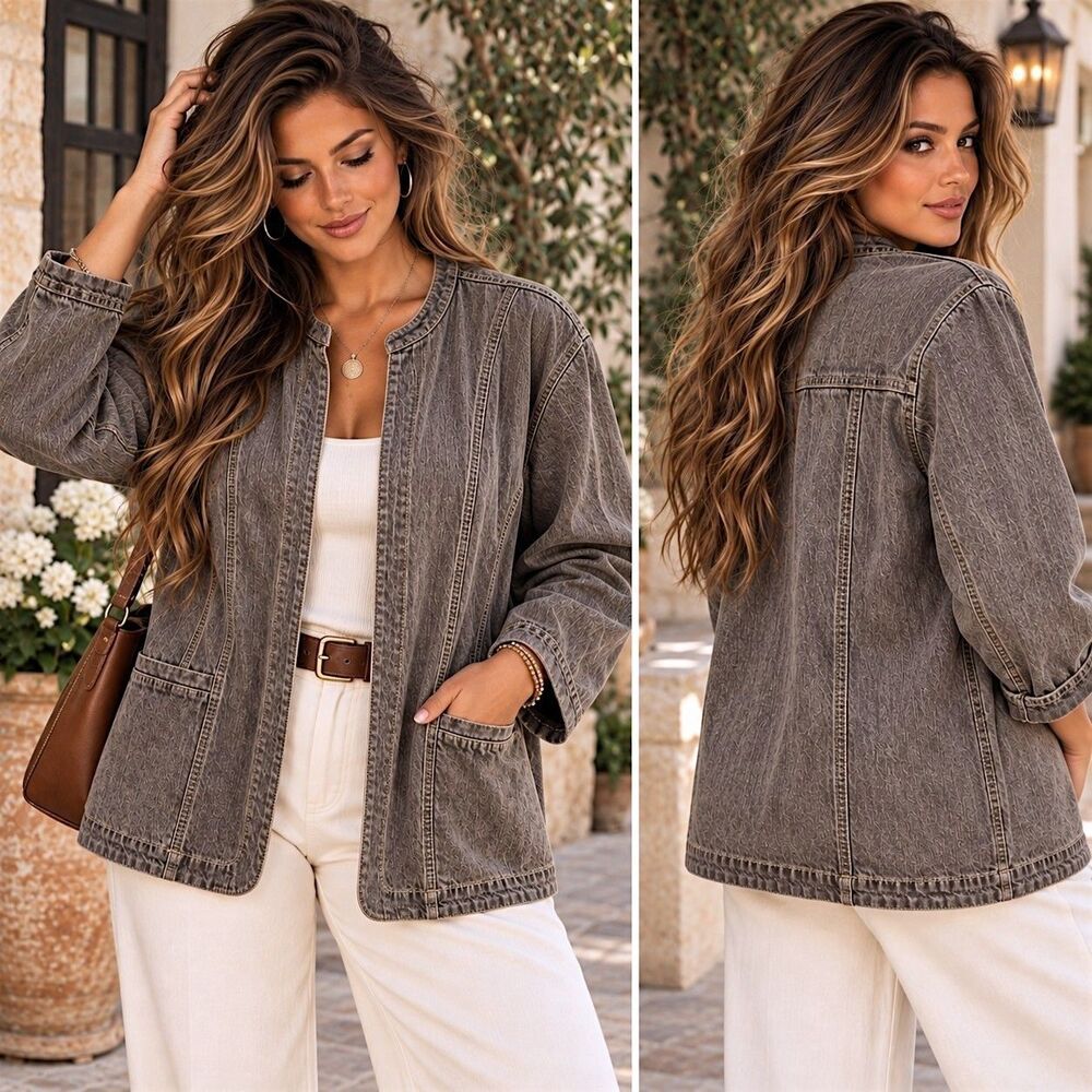 Liz & Me Utility Denim Trucker Jacket 2X Washed Brown Lightweight Barn Casual